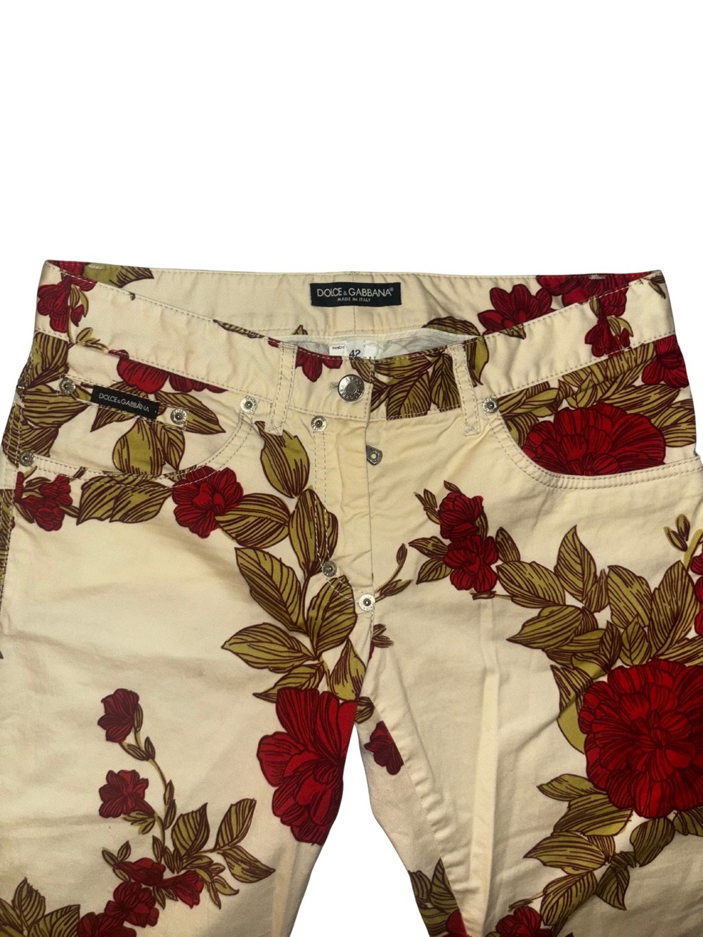 Dolce & Gabbana CREAM Capri Pants with Red Floral Print